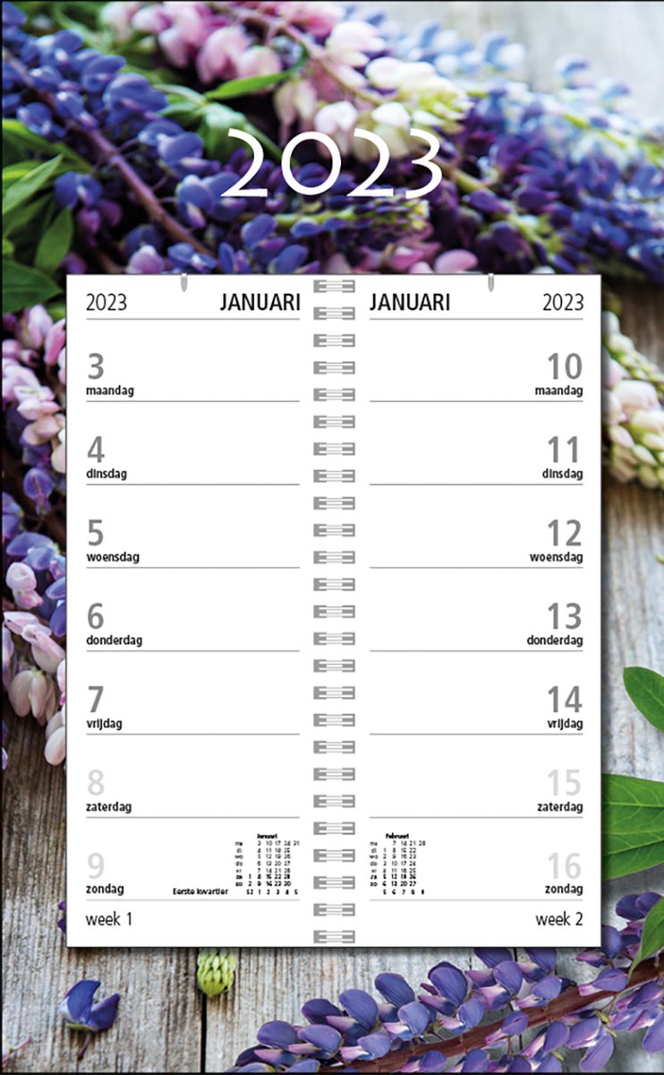 Omleg Weekkalender 2023 - week begint op Maandag - Bloemen Paars