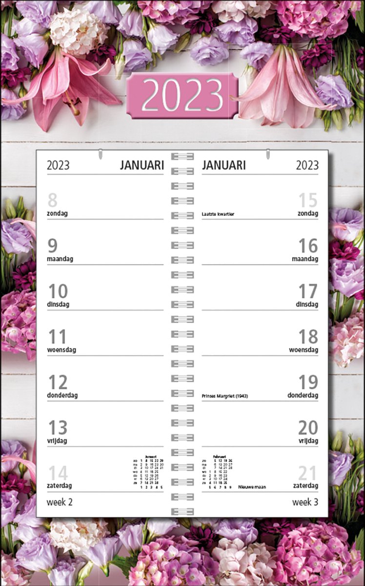 Omleg Weekkalender 2023 - week begint op Zondag - Bloemen Roze