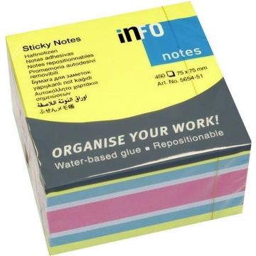 Info Notes 75x75mm Assorti Felle Kleuren (Blok à 450 vel, Geel/Blauw/Wit/Roze)