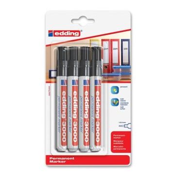 Edding 3000 Permanent Marker Zwart, 4 Stuks in Blister