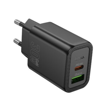 Hoco PD30W+QC3.0  dual port fastcharger USB-A USB-C - Zwart