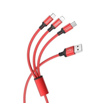 Hoco 3-in-1 Kabel Lightning+Micro+USB-C Rood (1 meter)